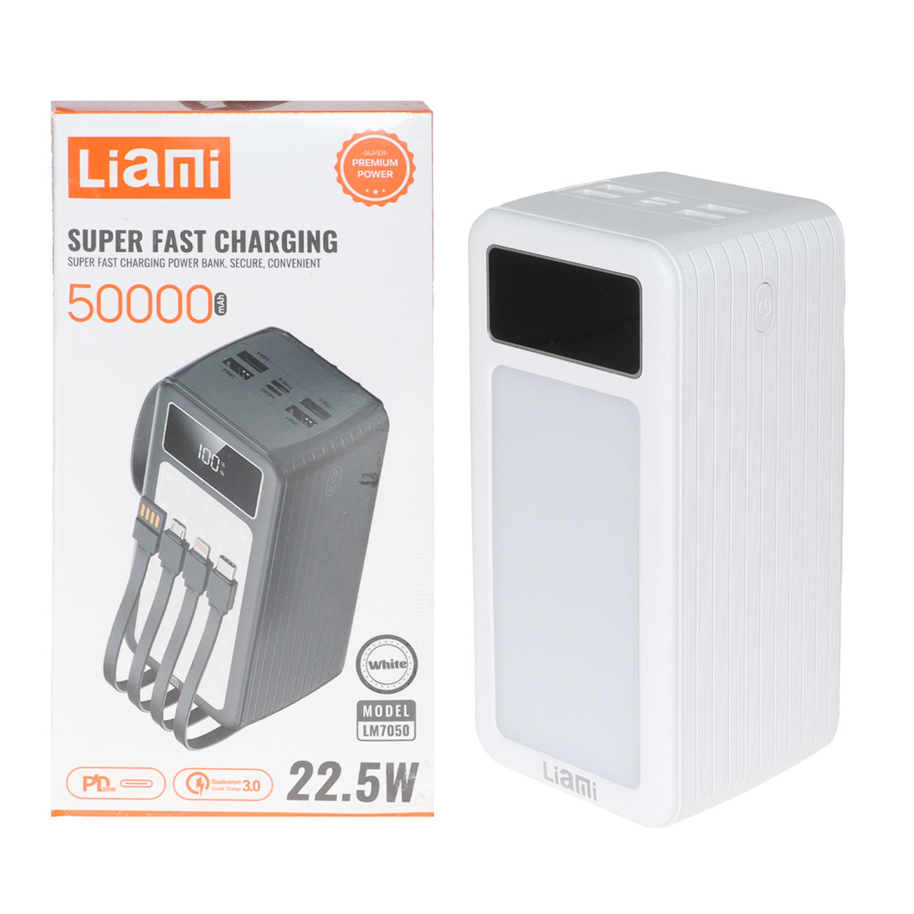 پاوربانک PD و فست شارژ Liami 50000Ah مدل LM7050 22.5W - سفید (گارانتی شش ماهه شرکتی)