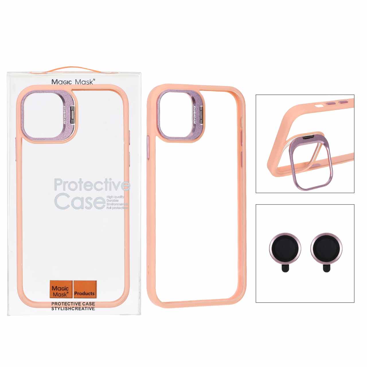 قاب BRACKET لنز آلومینیومی با ست محافظ لنز رینگی Apple iPhone 12 - گلبهی (پک دار)