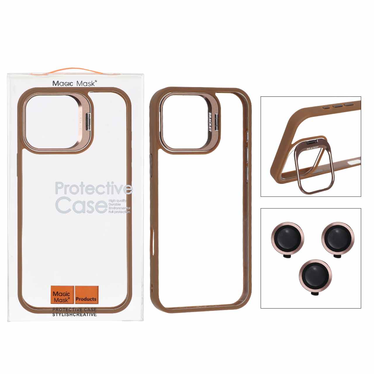 قاب BRACKET لنز آلومینیومی با ست محافظ لنز رینگی Apple iPhone 16 Pro Max - صحرایی (پک دار)
