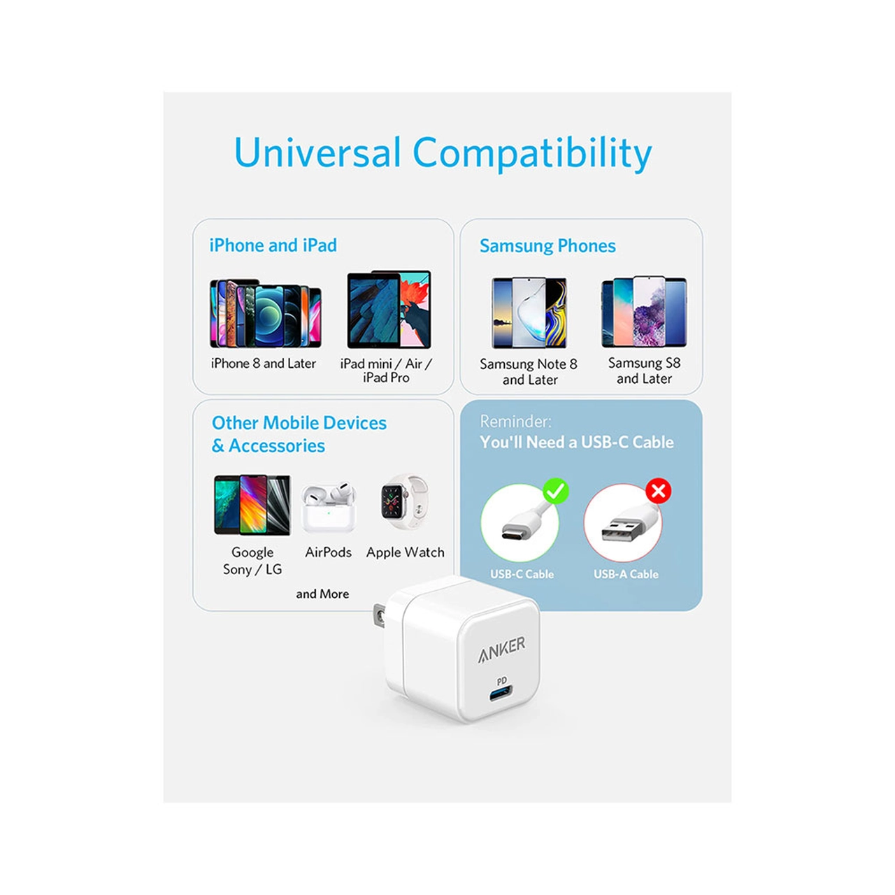 شارژر دیواری PD و فست تک پورت ANKER مدل A2149L23 20W - سفید (گارانتی شش ماهه ایویز)