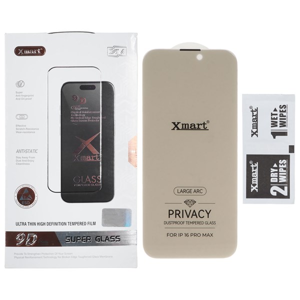 محافظ صفحه نمایش شیشه ای بدون حاشیه توری دار Xmart Privacy 3D Large Arc مدل Apple iPhone 16 Pro Max (پک دار)