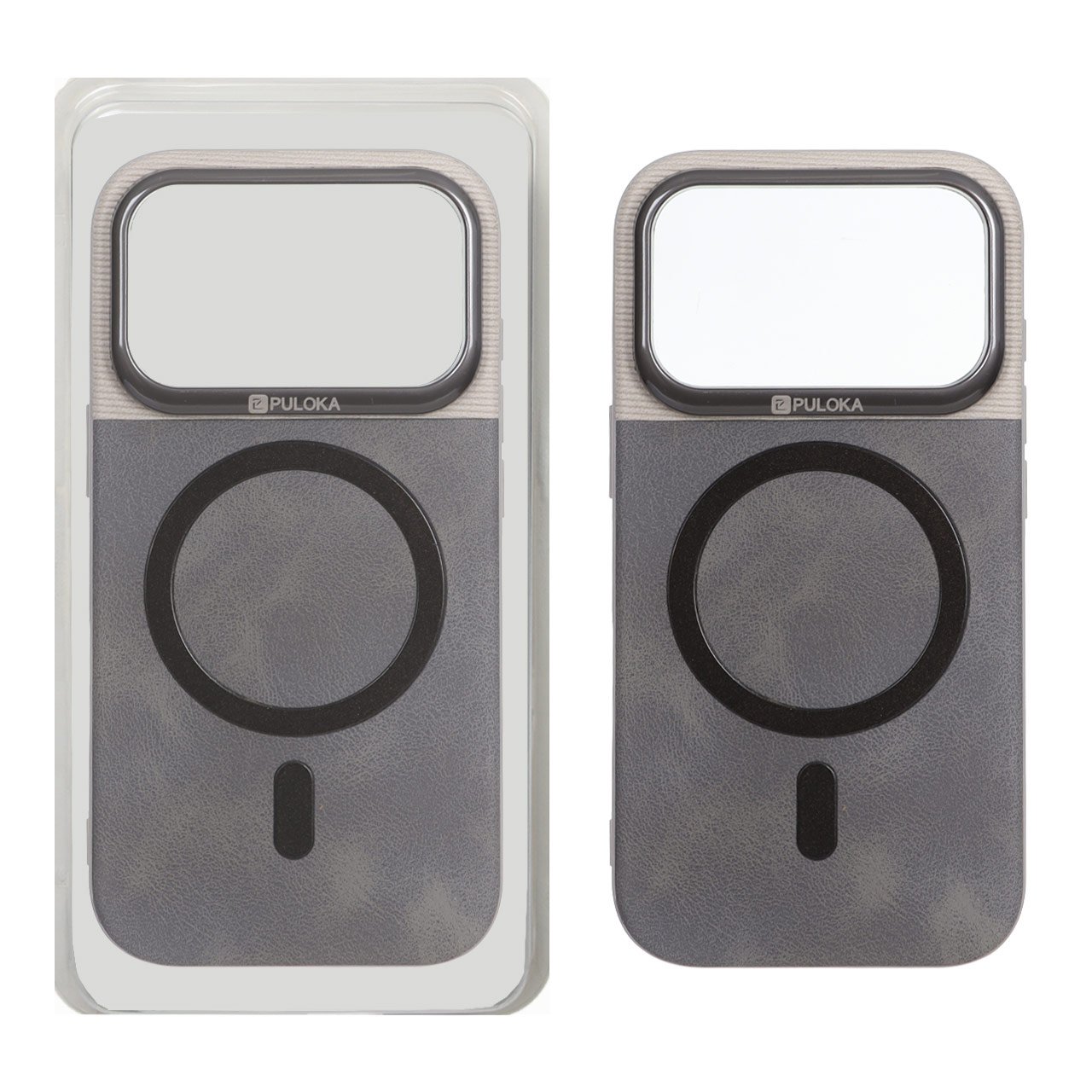 قاب Puloka دو تکه چرمی کبریتی Magnet فلزی دور لنز براق Apple iPhone 17 Pro Max - خاکستری (پک دار)