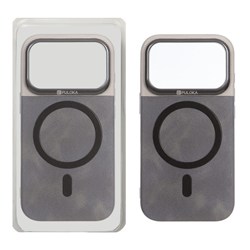 قاب Puloka دو تکه چرمی کبریتی Magnet فلزی دور لنز براق Apple iPhone 17 Pro Max - خاکستری (پک دار)