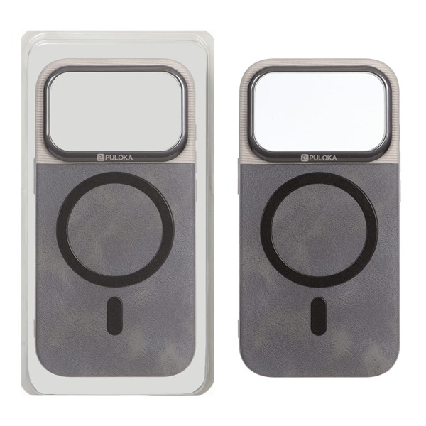 قاب Puloka دو تکه چرمی کبریتی Magnet فلزی دور لنز براق Apple iPhone 17 Pro Max - خاکستری (پک دار)
