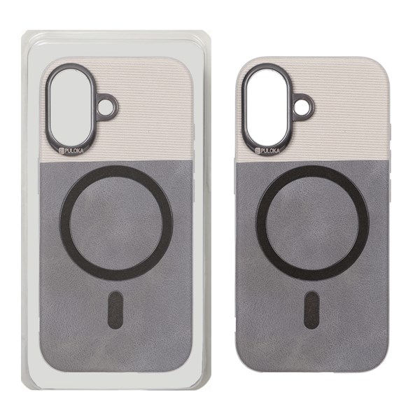 قاب Puloka دو تکه چرمی کبریتی Magnet فلزی دور لنز براق Apple iPhone 16 - خاکستری (پک دار)