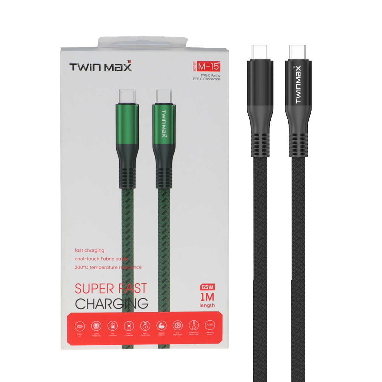کابل شارژ فست TwinMax Type-C to Type-C مدل M-15 65W - مشکی