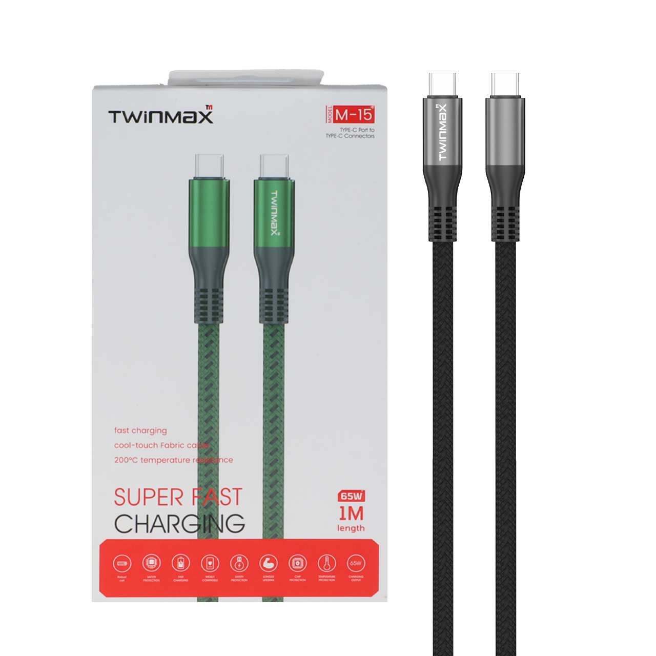 کابل شارژ فست TwinMax Type-C To Type-C مدل M-15 65W - خاکستری