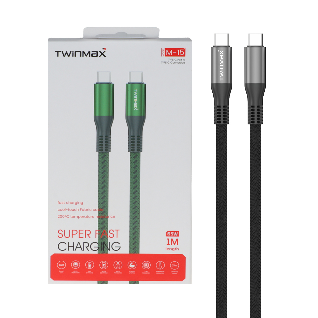 کابل شارژ فست TwinMax Type-C To Type-C مدل M-15 65W - نقره ای
