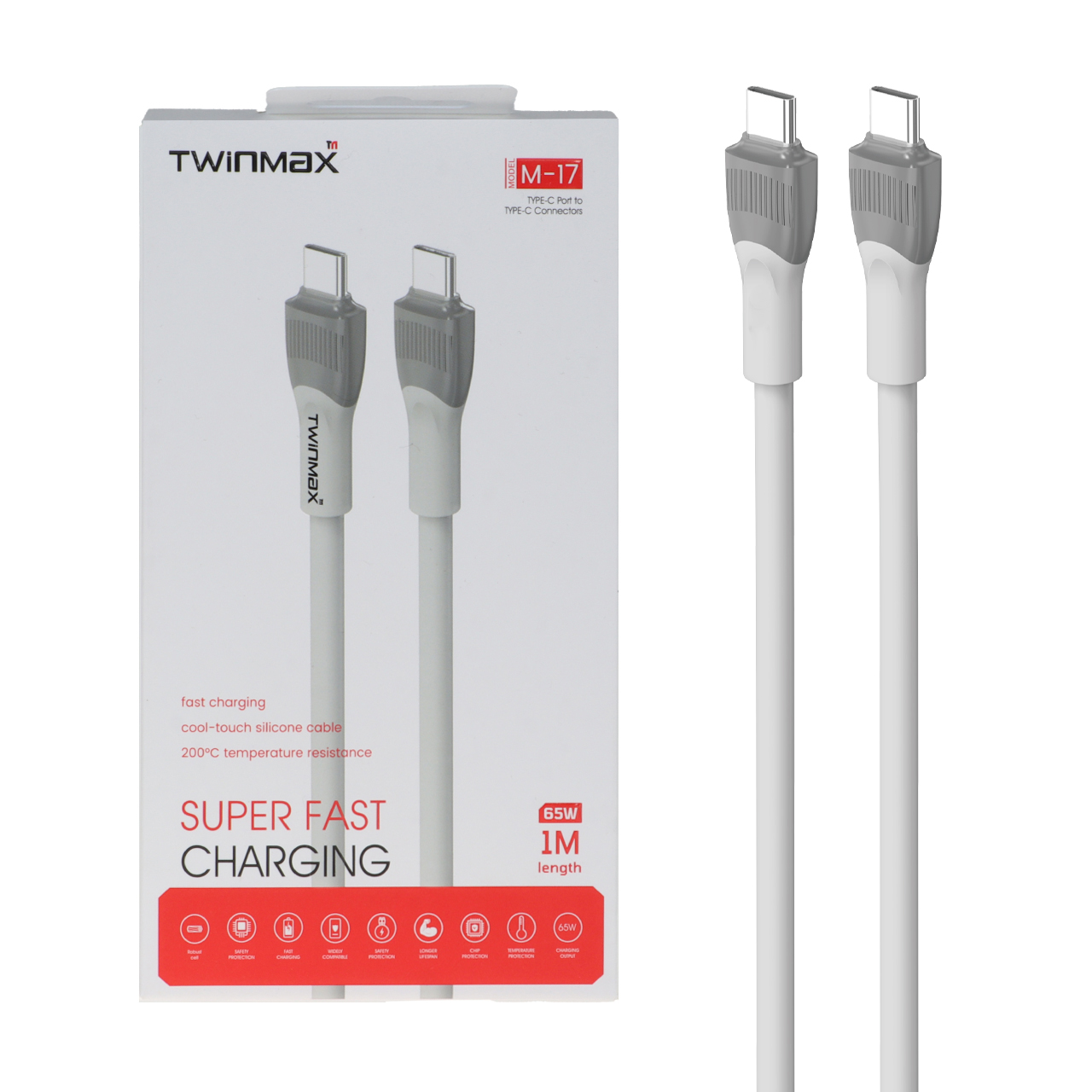 کابل شارژ فست TwinMax Type-C to Type-C مدل M-17 65W - طوسی - MMX