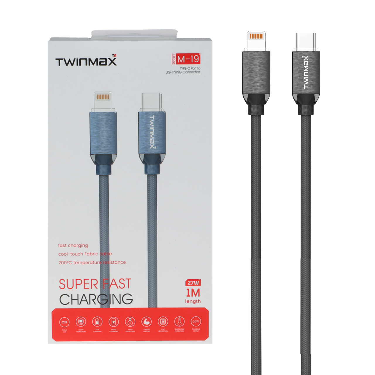 کابل شارژ فست TwinMax Type-C to Lightning مدل M-19 27W - خاکستری - MMX
