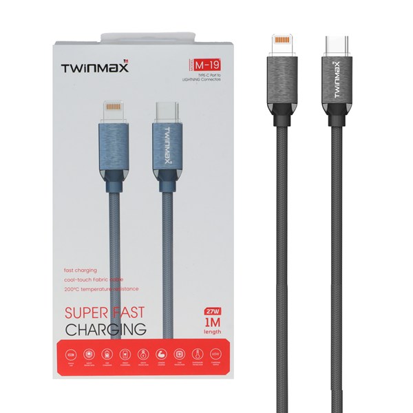 کابل شارژ فست TwinMax Type-C to Lightning مدل M-19 27W - خاکستری - MMX