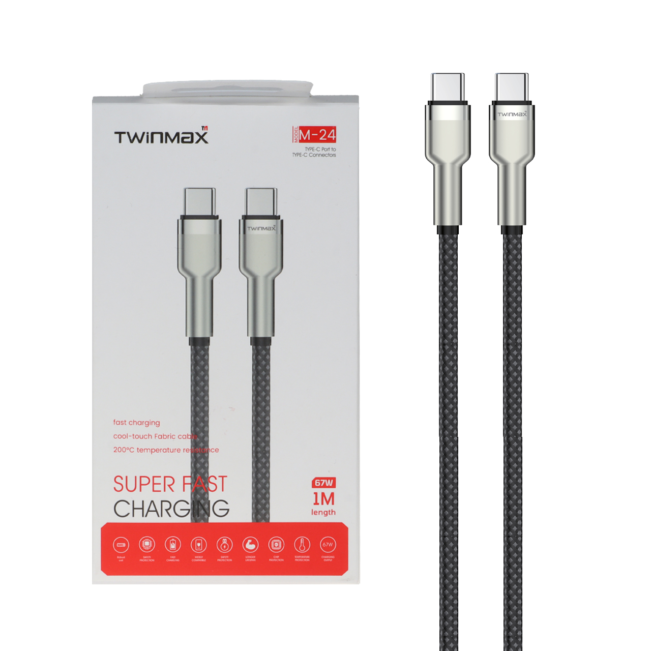 کابل شارژ فست TwinMax Type-C to Type-C مدل M-24 67W - مشکی نقره ای