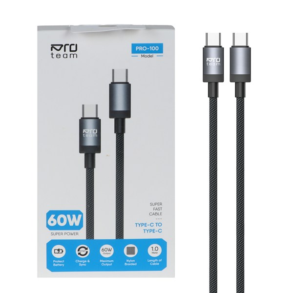 کابل شارژ فست Pro team Type-C to Type-C مدل Pro-100 60W - خاکستری - MMX