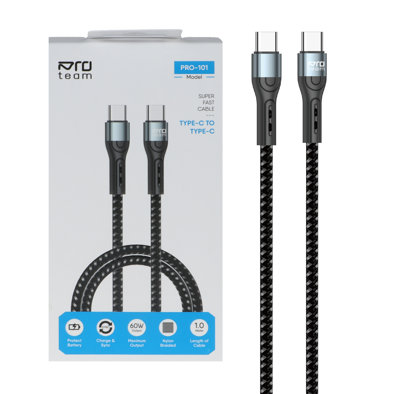 کابل شارژ فست ProTeam Type-C To Type-C مدل Pro-101 60W - مشکی