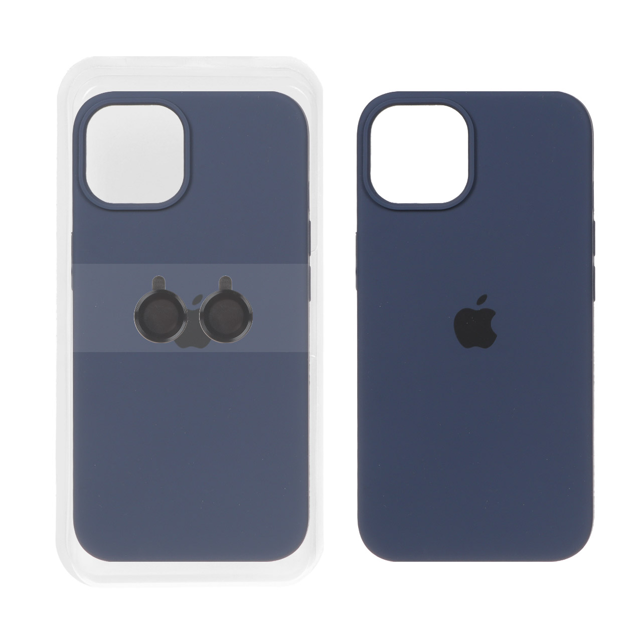 قاب سیلیکونی اورجینال با ست محافظ لنز رینگی Apple iPhone 15 / iPhone 14 / iPhone 13 - سرمه ای (پک دار)