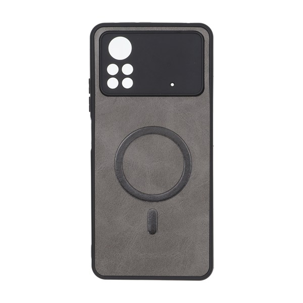 قاب چرمی طرح مگ سیف محافظ لنزدار Xiaomi Poco X4 Pro - خاکستری
