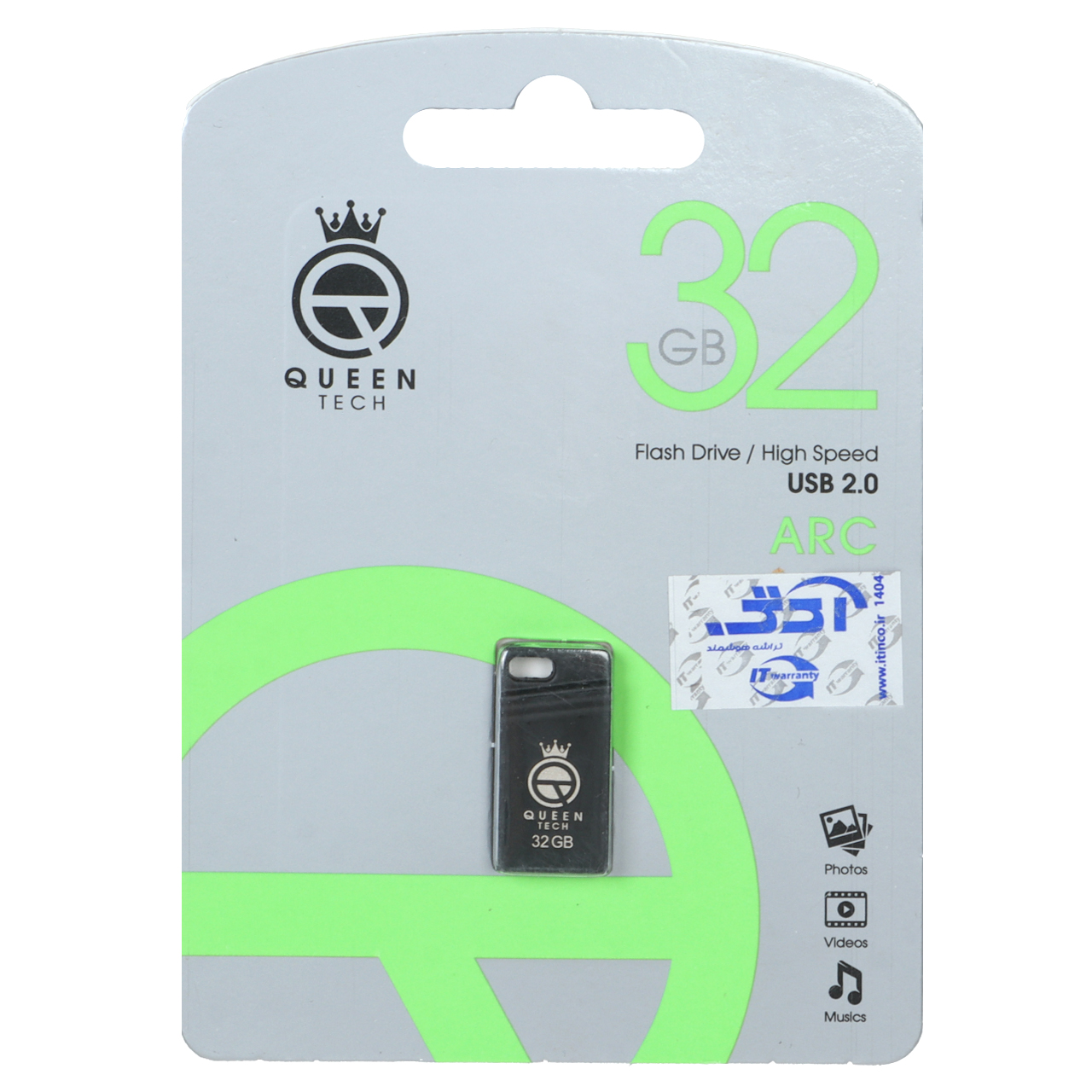 فلش مموری Queen tech USB2.0 مدل Arc ظرفیت 32GB مشکی (گارانتی مادام العمر شرکت آی تین)