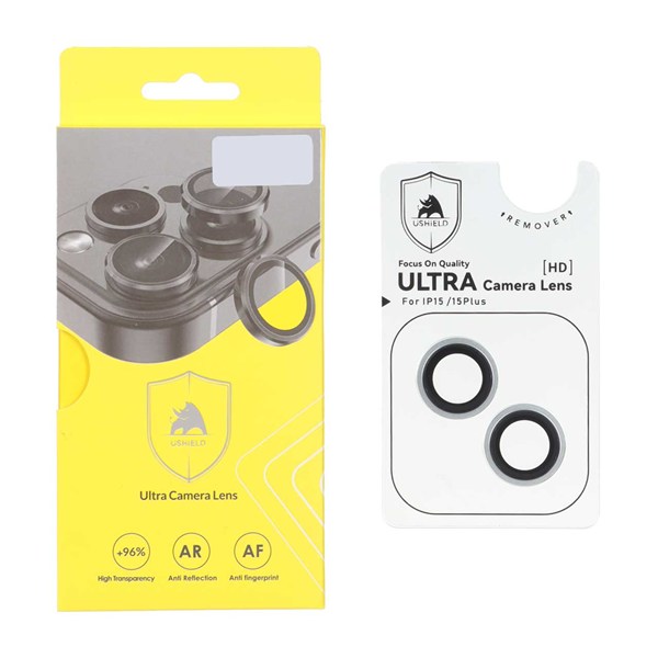 محافظ لنز رینگی اورجینال Ultra Camera Lens Ushield شابلون دار Apple iPhone 15 / iPhone 15 Plus - نقرآبی (پک دار)