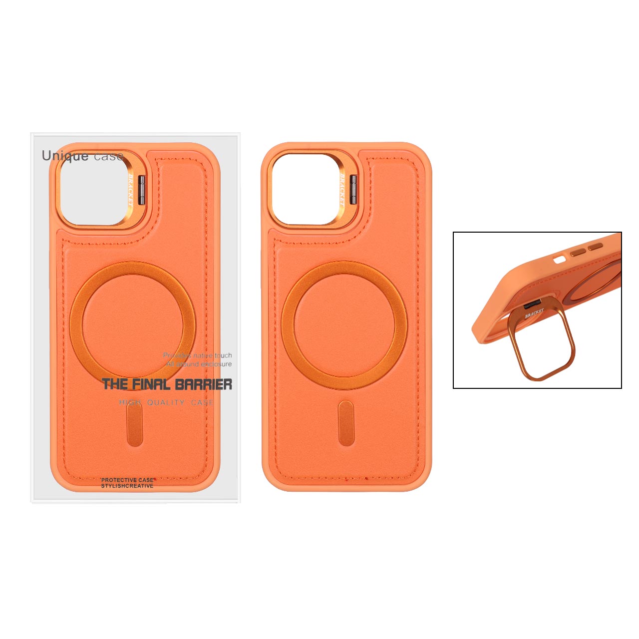 قاب Bracket چرمی دور دوخت MagSafe لنز استندشو Apple iPhone 13 / iPhone 14 - نارنجی (پک دار)
