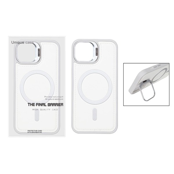 قاب Bracket چرمی دور دوخت MagSafe لنز استندشو Apple iPhone 13 / iPhone 14 - سفید (پک دار)