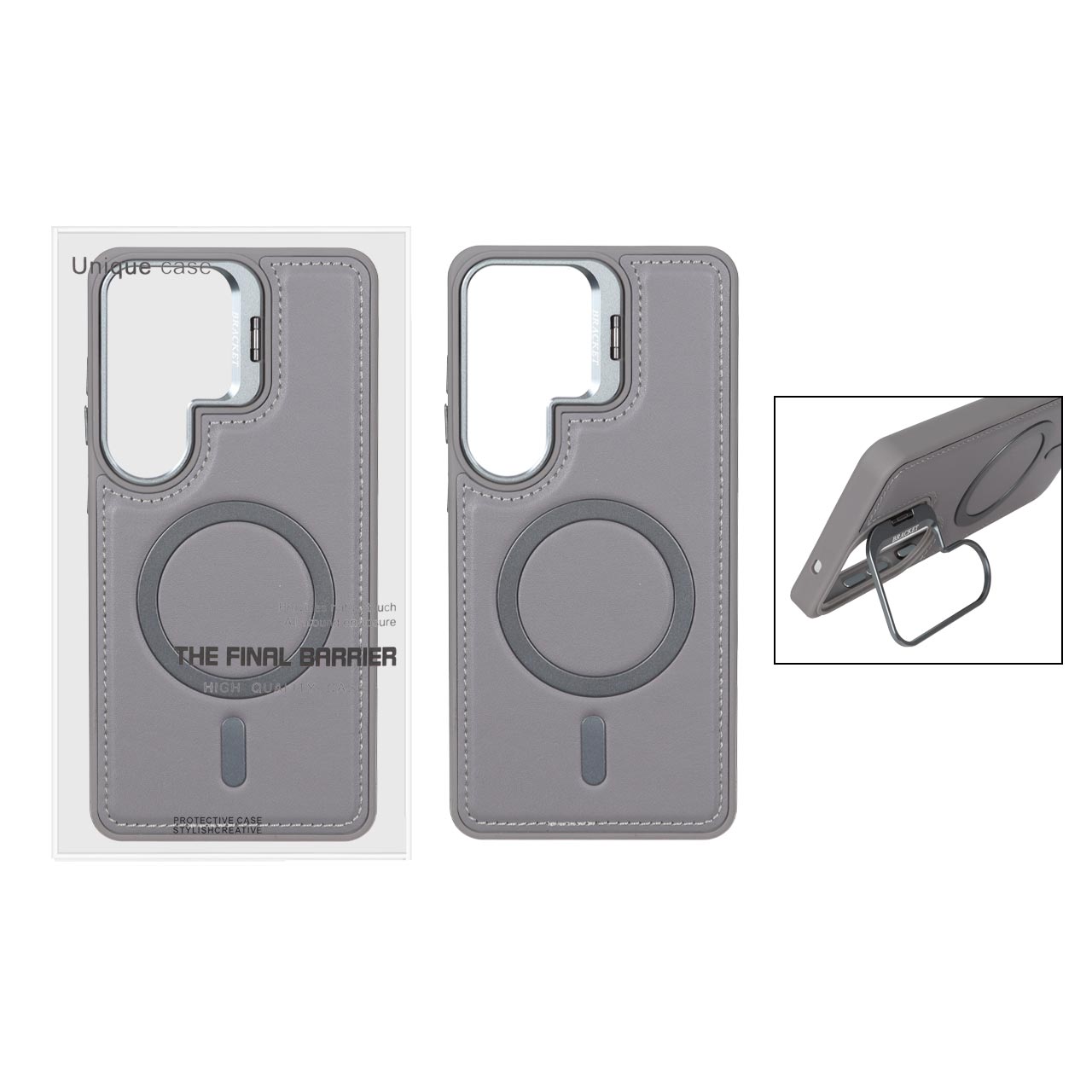 قاب Bracket چرمی دور دوخت MagSafe لنز استندشو Samsung Galaxy S26 Ultra - خاکستری (پک دار)