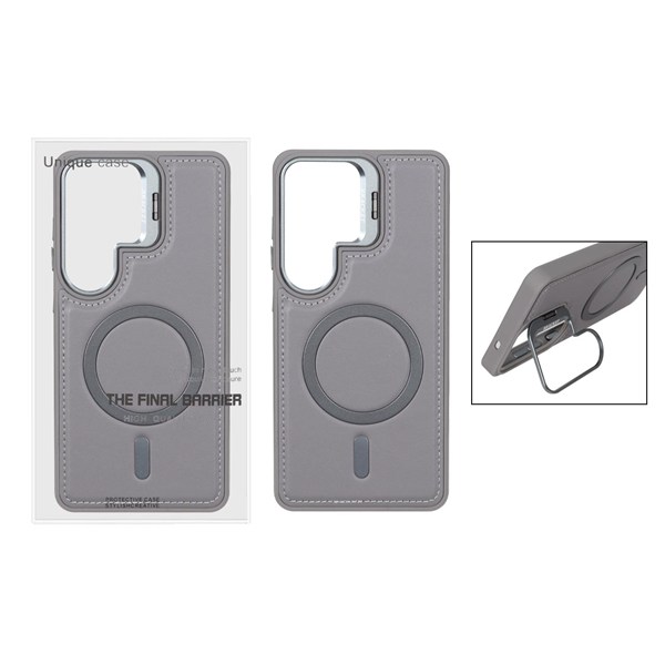 قاب Bracket چرمی دور دوخت MagSafe لنز استندشو Samsung Galaxy S26 Ultra - خاکستری (پک دار)