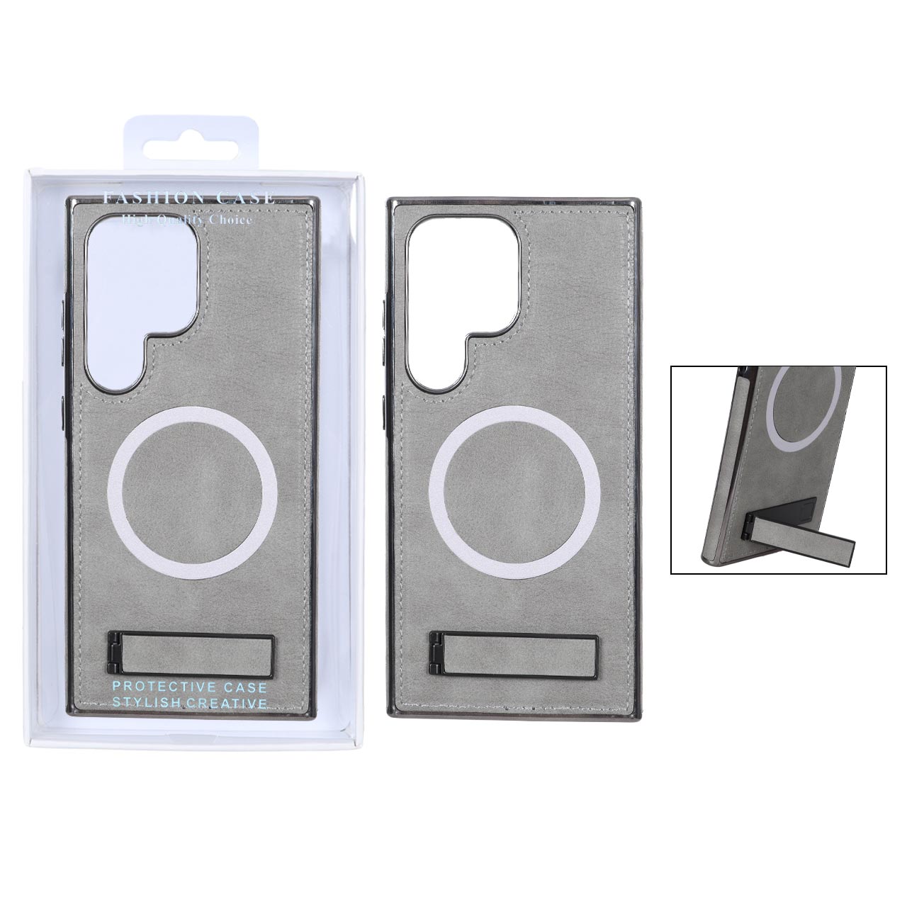 قاب چرمی دور دوخت MagSafe استندشو Samsung Galaxy S23 Ultra - خاکستری (پک دار)