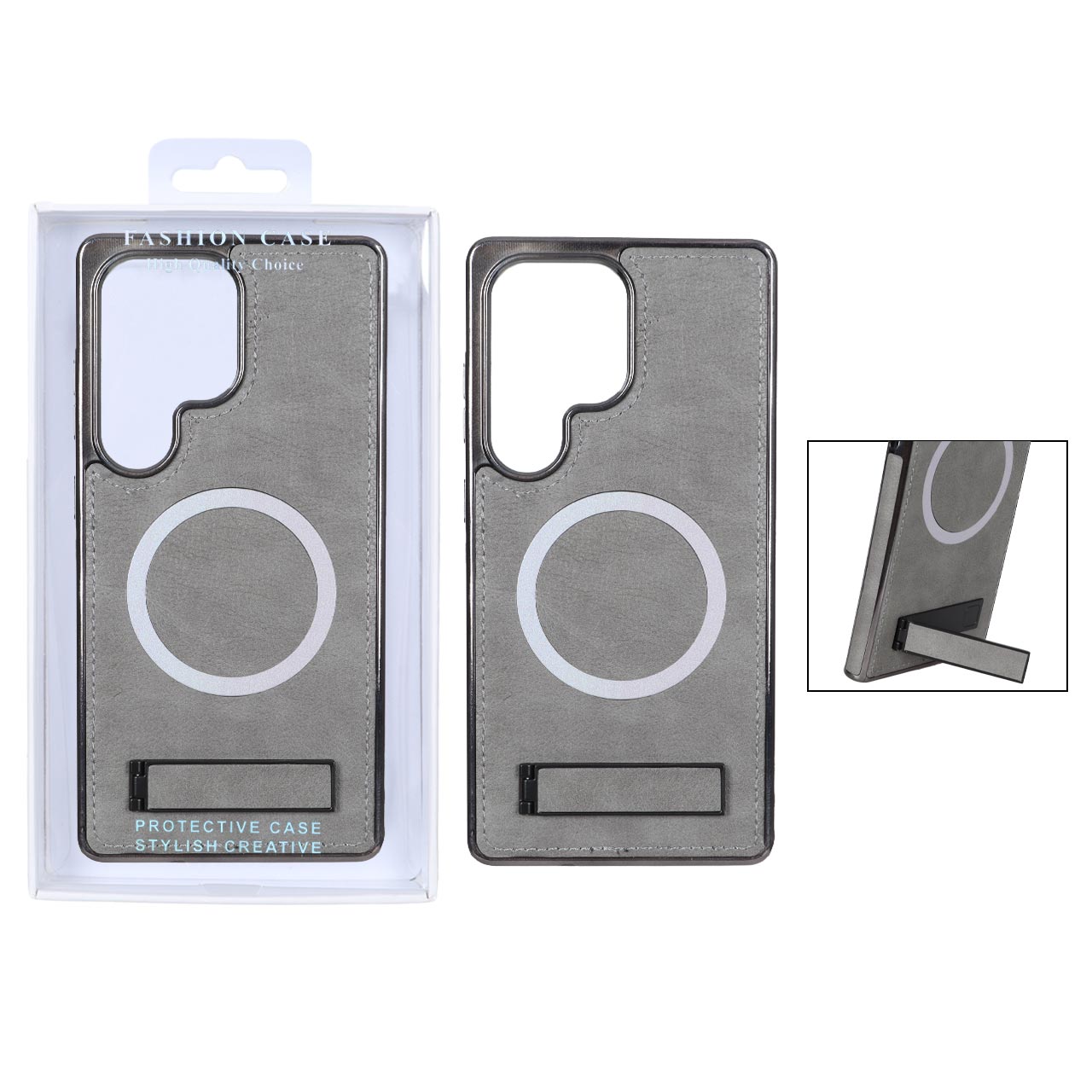 قاب چرمی دور دوخت MagSafe استندشو Samsung Galaxy S25 Ultra - خاکستری (پک دار)