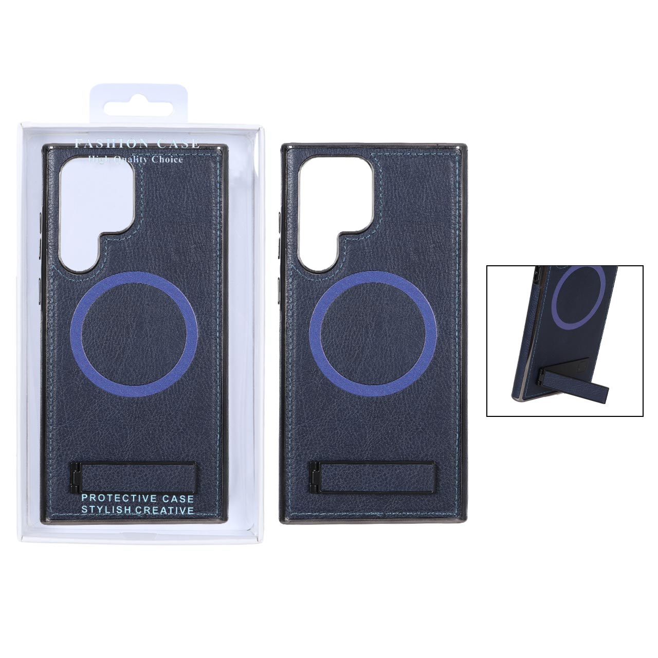 قاب چرمی دور دوخت MagSafe استندشو Samsung Galaxy S22 Ultra - سرمه ای (پک دار)