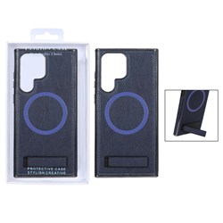 قاب چرمی دور دوخت MagSafe استندشو Samsung Galaxy S22 Ultra - سرمه ای (پک دار)