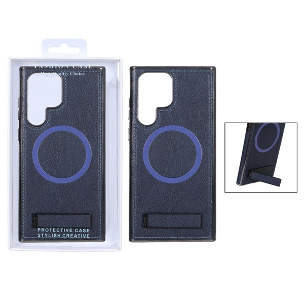 قاب چرمی دور دوخت MagSafe استندشو Samsung Galaxy S22 Ultra - سرمه ای (پک دار)