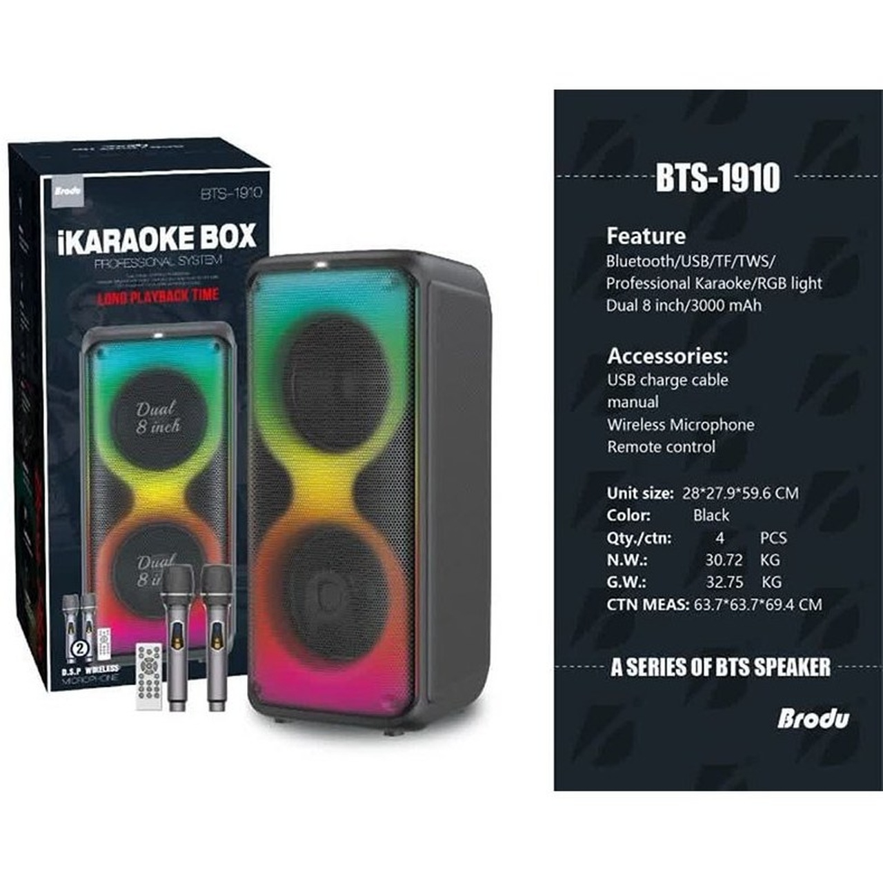اسپیکر 80W بی سیم Brodu مدل BTS-1910 - مشکی (کارکرده)