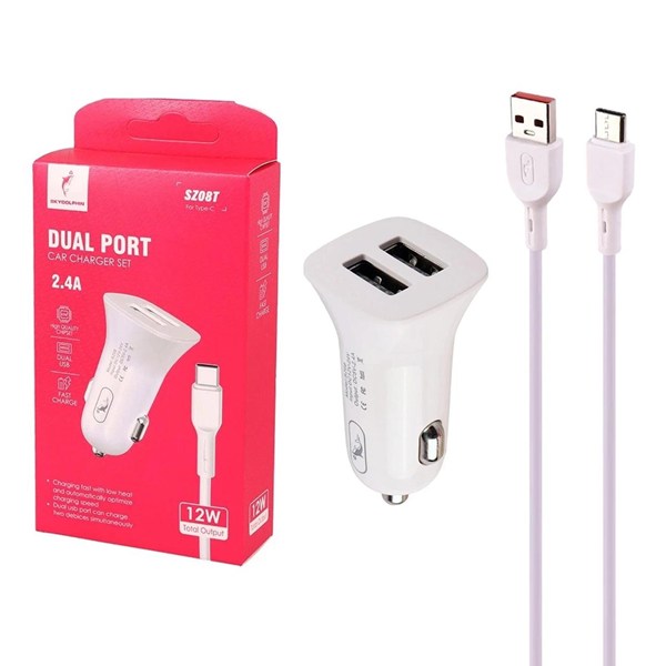 شارژر فندکی فست دو پورت SKY DOLPHIN مدل SZ08T 12W به همراه کابل شارژ Type-C - سفید - ASP (گارانتی شش ماهه آروین)