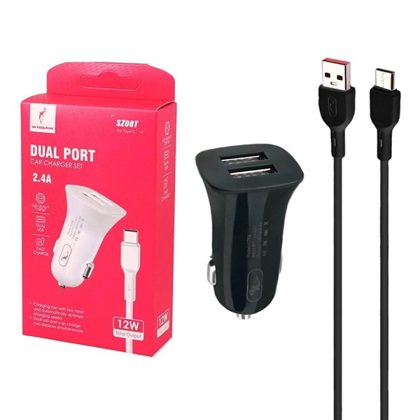 شارژر فندکی فست دو پورت SKY DOLPHIN مدل SZ08T 12W به همراه کابل شارژ Type-C - مشکی - ASP (گارانتی شش ماهه آروین)