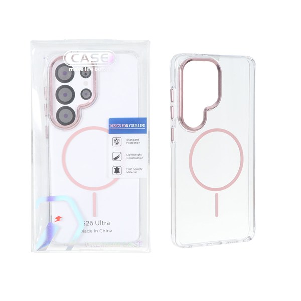 قاب اورجینال Premium Case کریستالی MagSafe لنز فلزی Samsung Galaxy S26 Ultra - صورتی (پک دار)