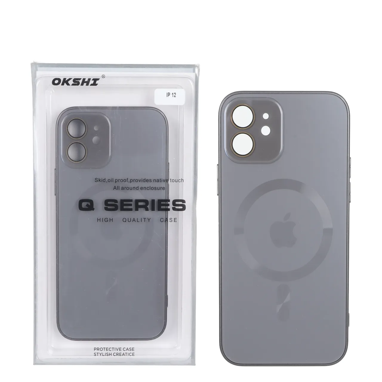 قاب اورجینال PVD MagSafe Qseries ضدخش لنز گلس دار Apple iPhone 12 - خاکستری (پک دار)