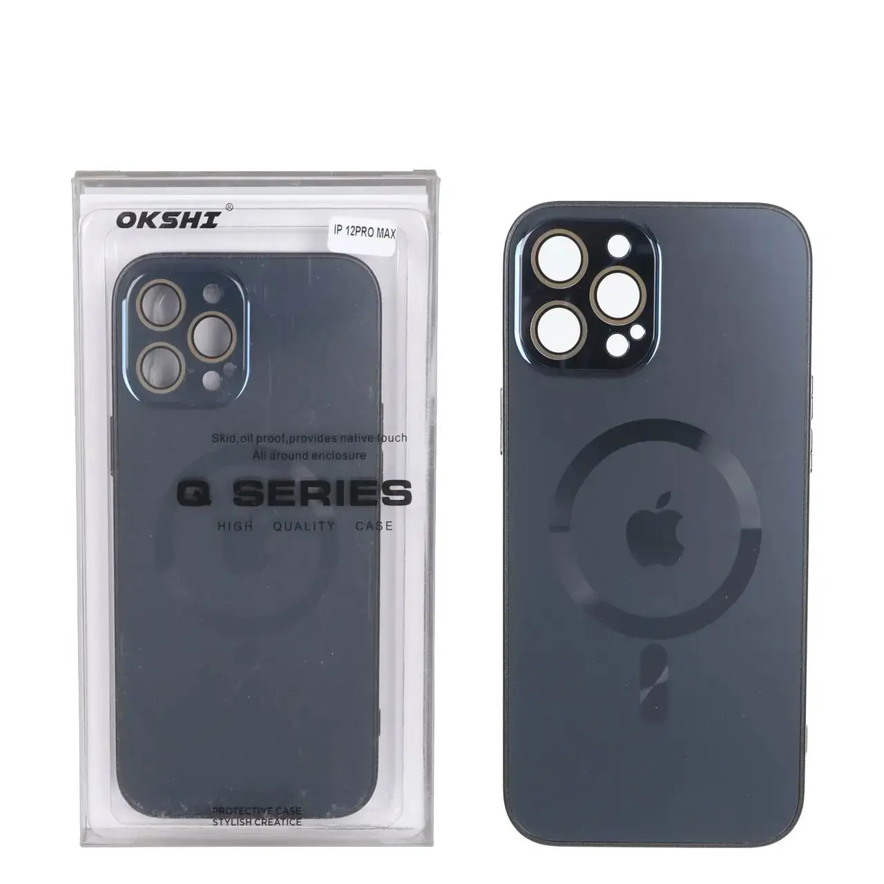 قاب اورجینال PVD MagSafe Qseries ضدخش لنز گلس دار Apple iPhone 12 Pro Max - سرمه ای (پک دار)
