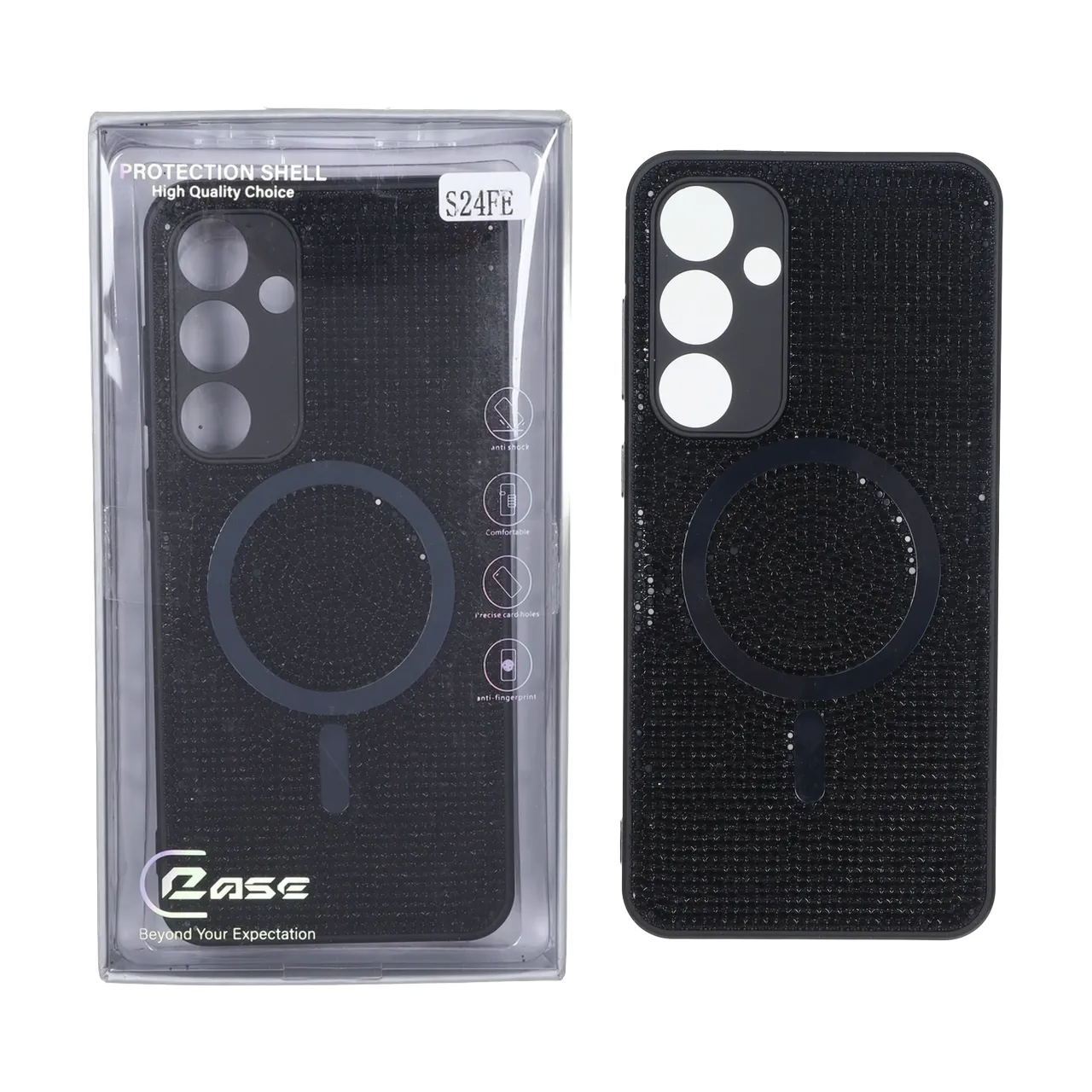 قاب C Case نگین دار MagSafe هولوگرامی محافظ لنزدار Samsung Galaxy S24 FE - مشکی (پک دار)