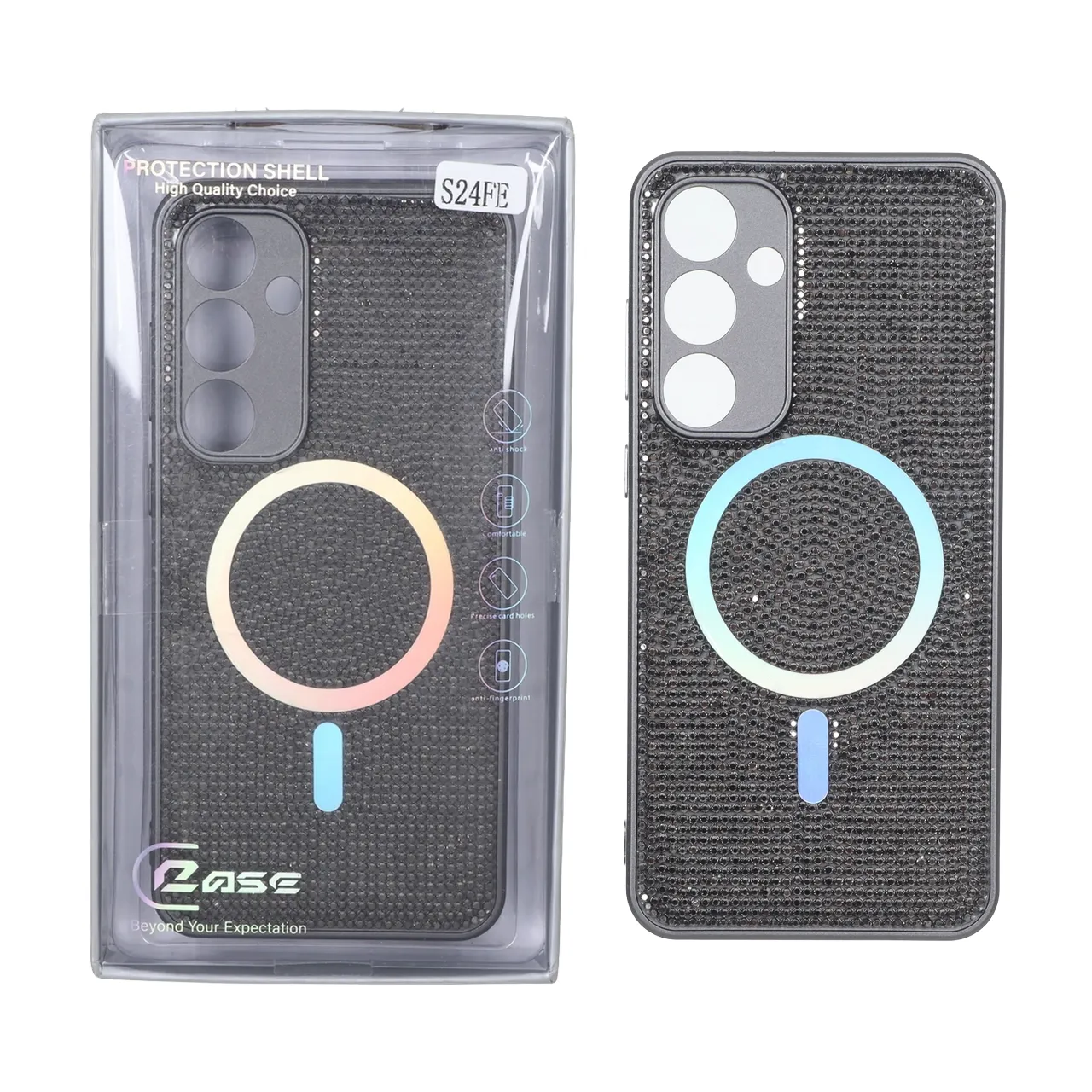 قاب C Case نگین دار MagSafe هولوگرامی محافظ لنزدار Samsung Galaxy S24 FE - خاکستری (پک دار)