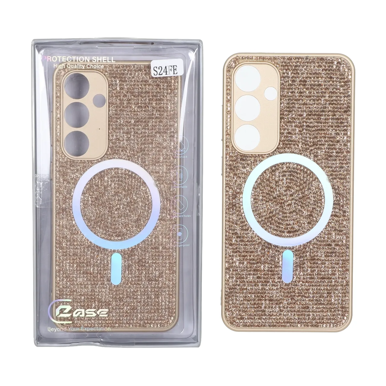 قاب C Case نگین دار MagSafe هولوگرامی محافظ لنزدار Samsung Galaxy S24 FE - طلایی (پک دار)