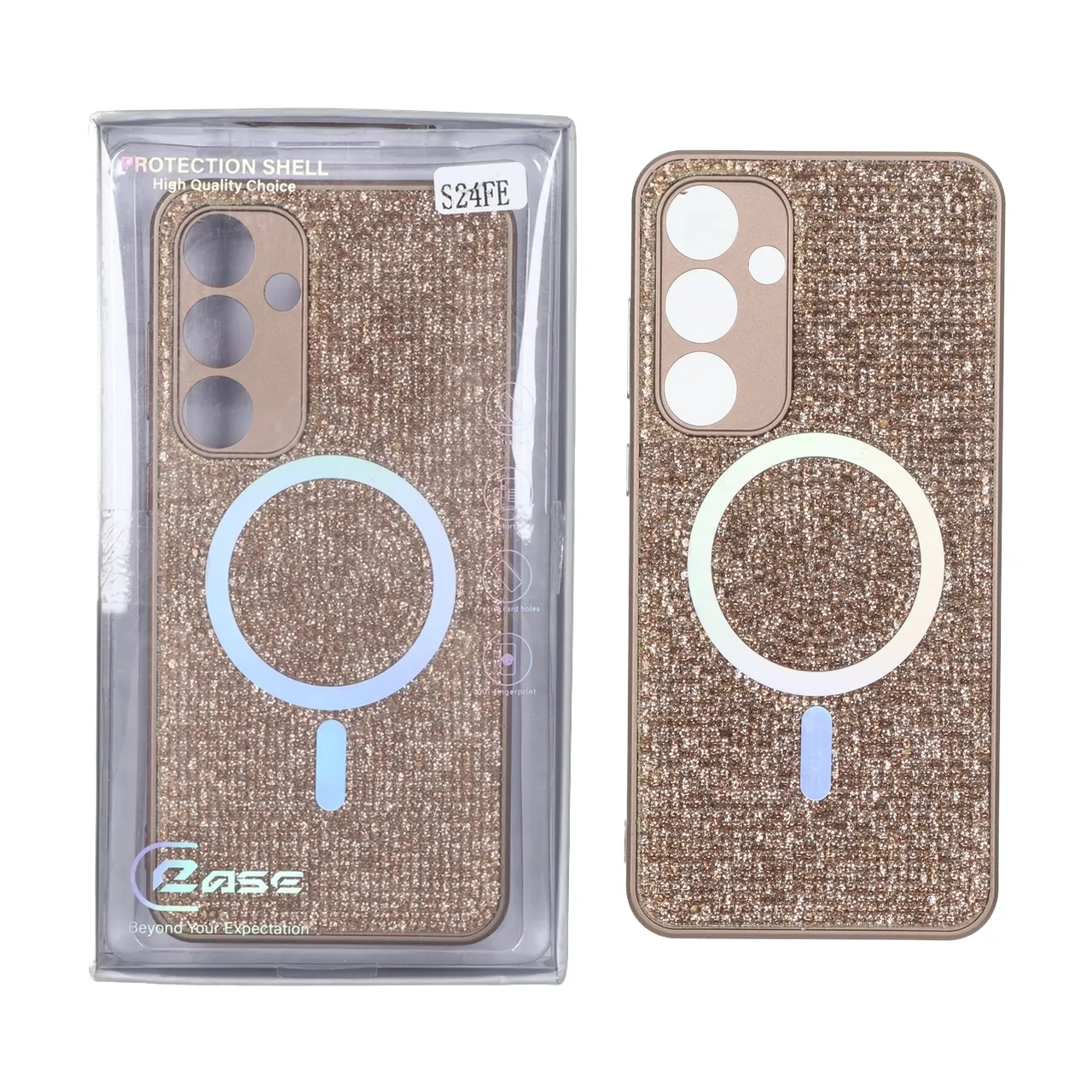 قاب C Case نگین دار MagSafe هولوگرامی محافظ لنزدار Samsung Galaxy S24 FE - قهوه ای (پک دار)