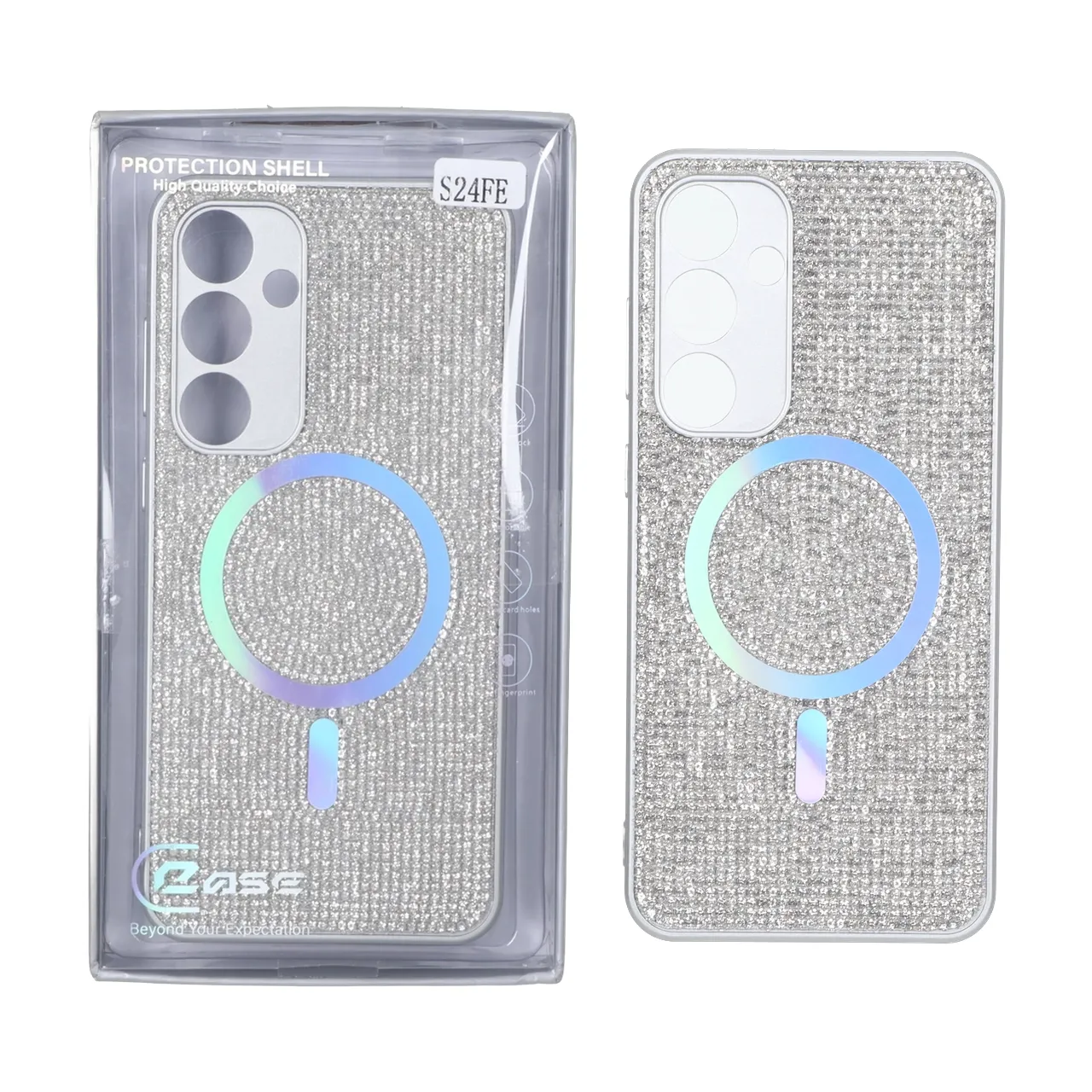 قاب C Case نگین دار MagSafe هولوگرامی محافظ لنزدار Samsung Galaxy S24 FE - نقره ای (پک دار)