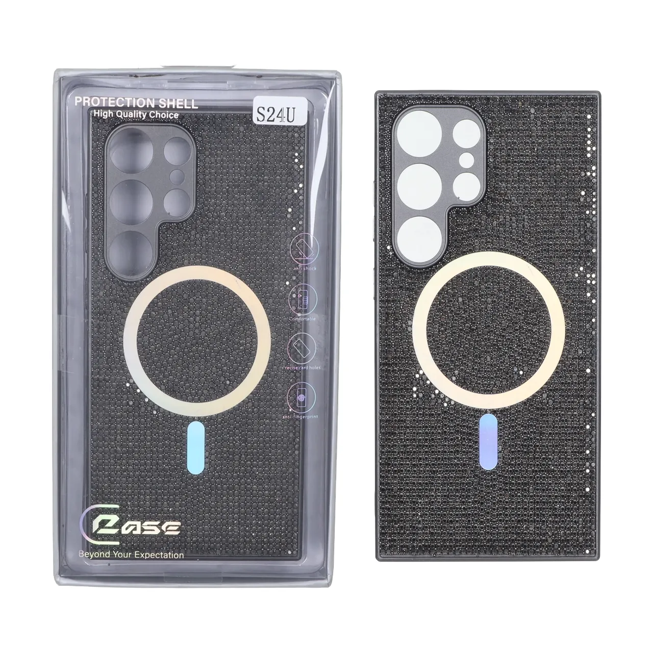 قاب C Case نگین دار MagSafe هولوگرامی محافظ لنزدار Samsung Galaxy S24 Ultra - خاکستری (پک دار)