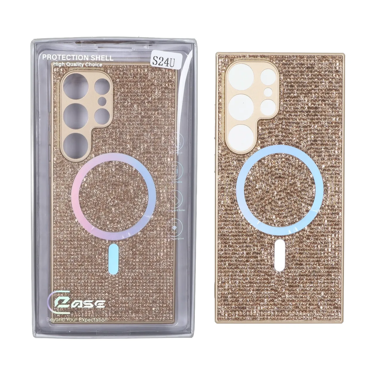 قاب C Case نگین دار MagSafe هولوگرامی محافظ لنزدار Samsung Galaxy S24 Ultra - طلایی (پک دار)
