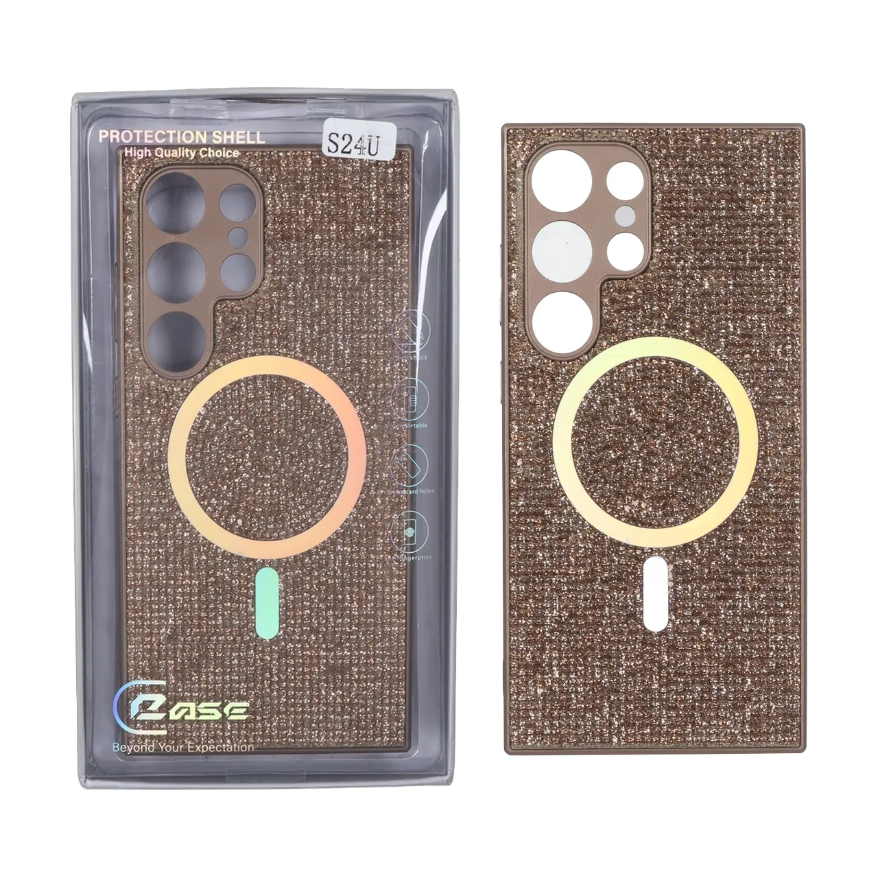 قاب C Case نگین دار MagSafe هولوگرامی محافظ لنزدار Samsung Galaxy S24 Ultra - قهوه ای (پک دار)