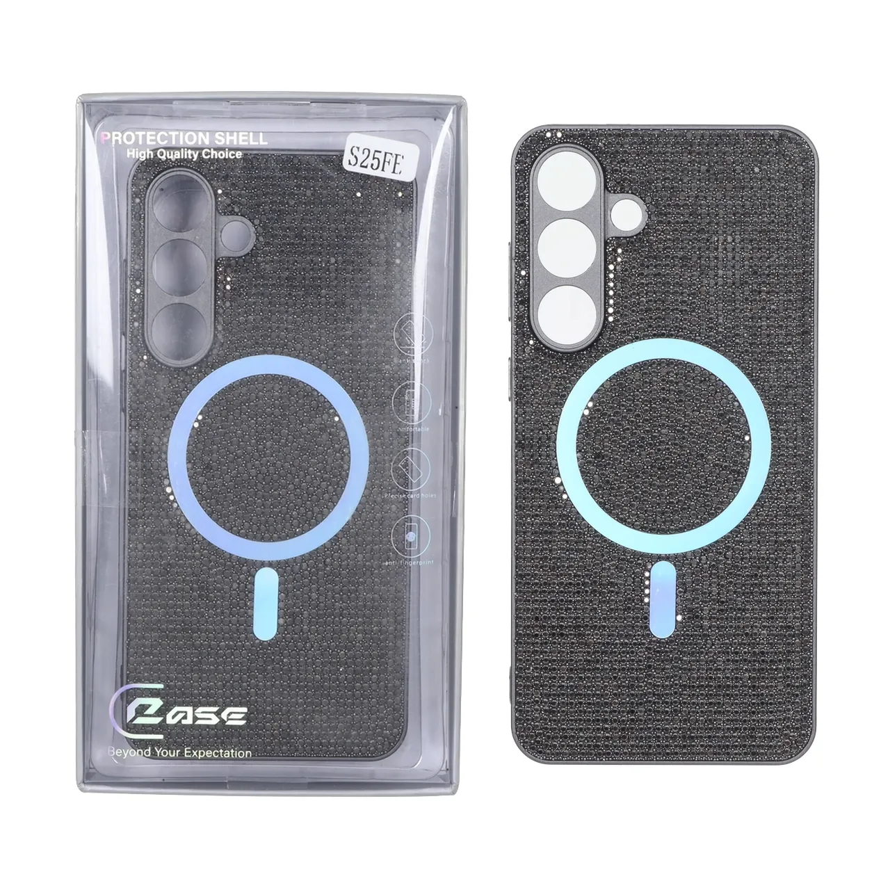 قاب C Case نگین دار MagSafe هولوگرامی محافظ لنزدار Samsung Galaxy S25 FE - خاکستری (پک دار)