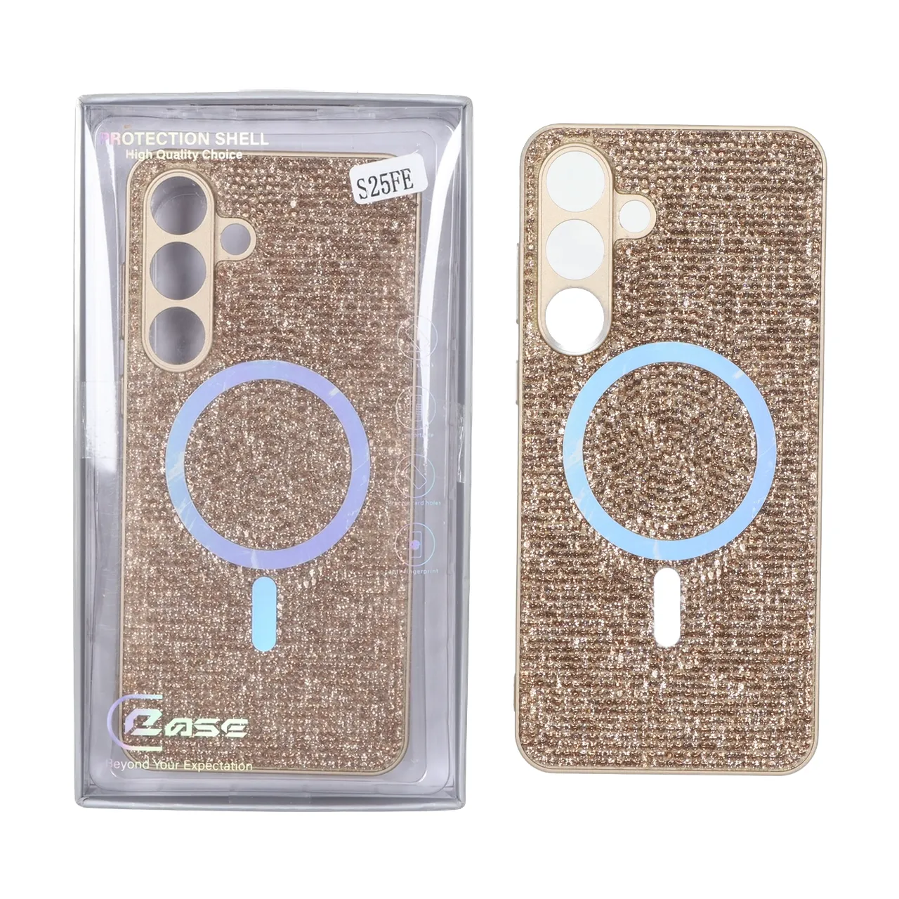قاب C Case نگین دار MagSafe هولوگرامی محافظ لنزدار Samsung Galaxy S25 FE - طلایی (پک دار)