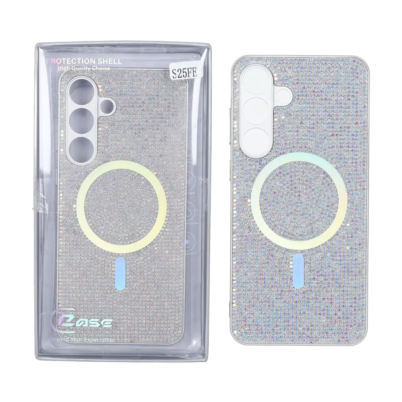 قاب C Case نگین دار MagSafe هولوگرامی محافظ لنزدار Samsung Galaxy S25 FE - هفت رنگ (پک دار)