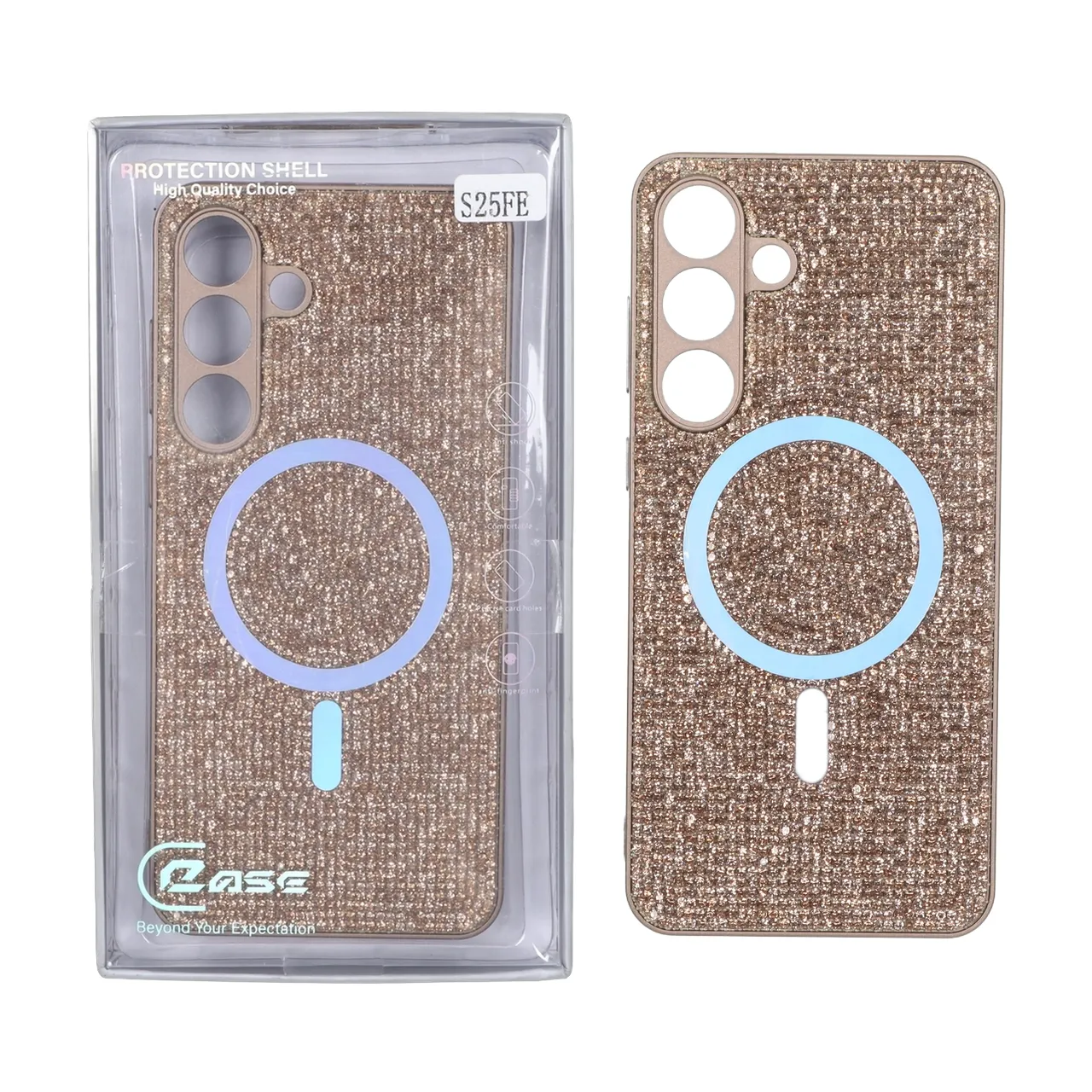 قاب C Case نگین دار MagSafe هولوگرامی محافظ لنزدار Samsung Galaxy S25 FE - قهوه ای (پک دار)
