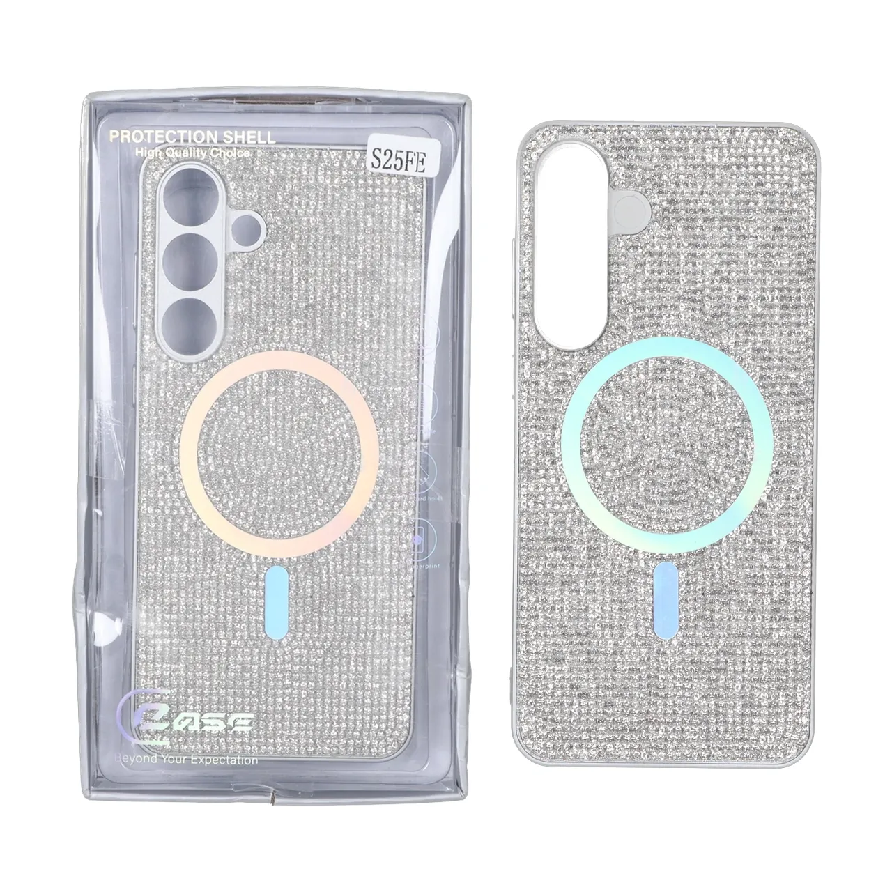 قاب C Case نگین دار MagSafe هولوگرامی محافظ لنزدار Samsung Galaxy S25 FE - نقره ای (پک دار)